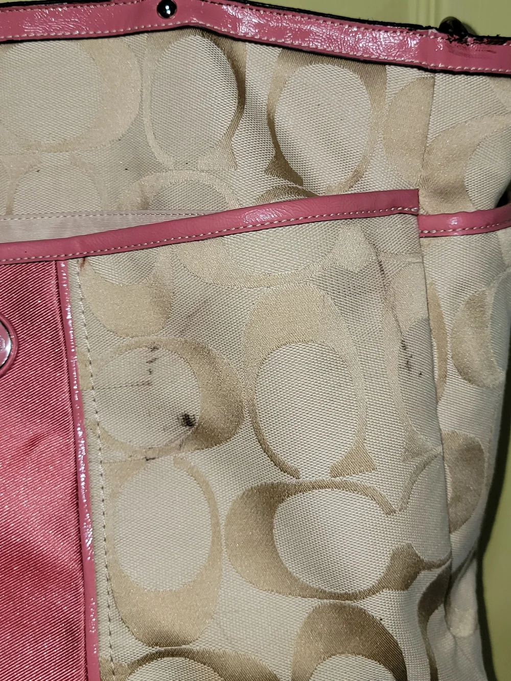 Coach Beige Signature Canvas Tote with Pink Trim, Outside Of Bag ,Badly Stained